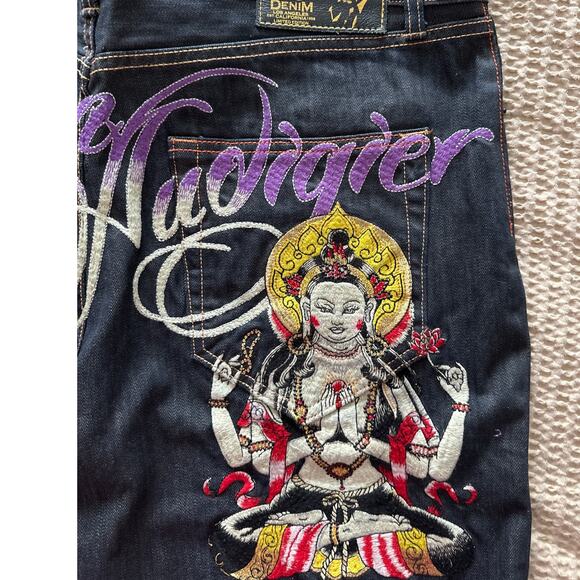 Vintage VTG Christian Audigier Embroidered Buddha Dark Denim Shorts 37" waist - Picture 2 of 7
